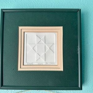 Framed Green and Beige  Intaglio Wall Art with White Shoo Fly Quilt Design